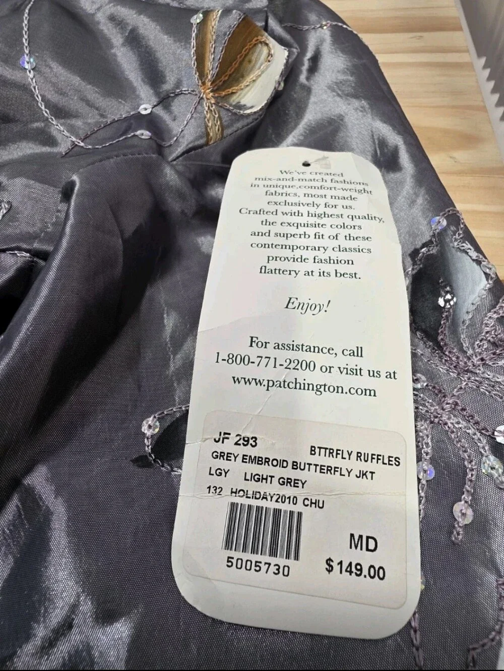 NWT Patchington Butterfly Embroidered Sequin Jacket M Gray Metallic Art Wear